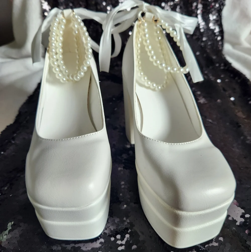 White platform Heels. With Pearl Ankle Strap Satin Bow - Picture 3 of 8